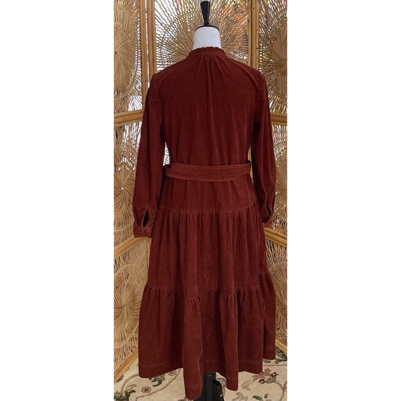 Boden Brown Corduroy Tiered Long Sleeve Midi Dress With Tie Size 8 - Picture 2 of 5